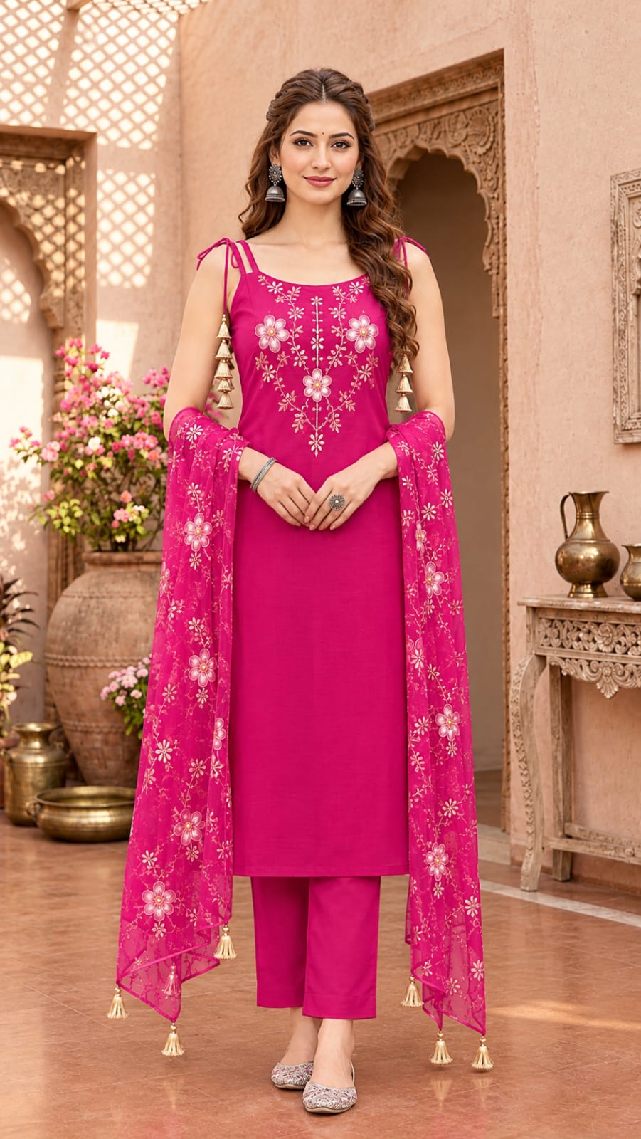 JAYFASHIONLIFEIN - Rani pink Floral  Embroidered Kurta Pant Set with Heavy Printed Organza Dupatta