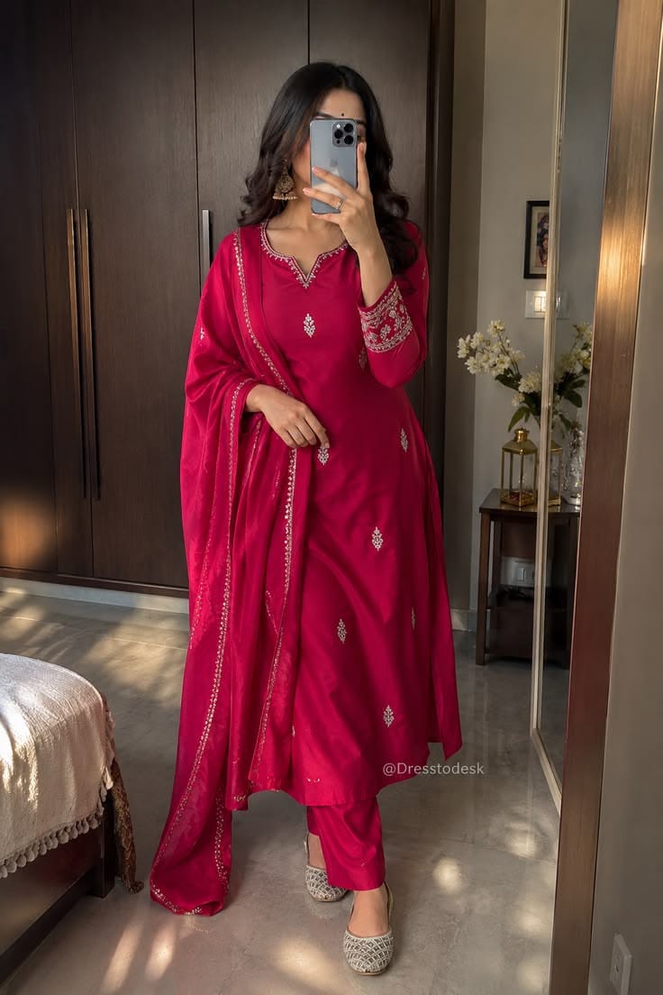 JAYFASHIONLIFEIN - Cherry Red Sari Embroidered Anarkali Kurta Set with Dupatta