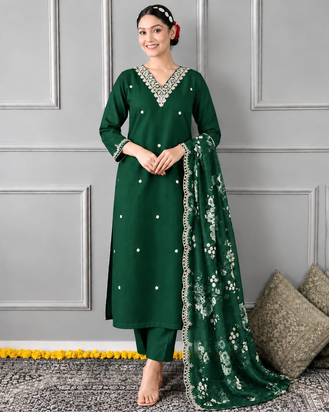 JAYFASHIONLIFEIN - Emerald Green Embroidered Kurta Set with Designer Organza Dupatta
