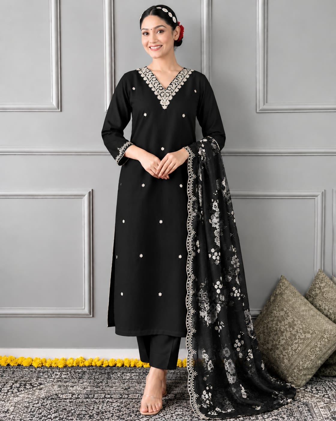 JAYFASHIONLIFEIN - Royal Black Zari Embroidered Kurta Set with Floral Organza Dupatta